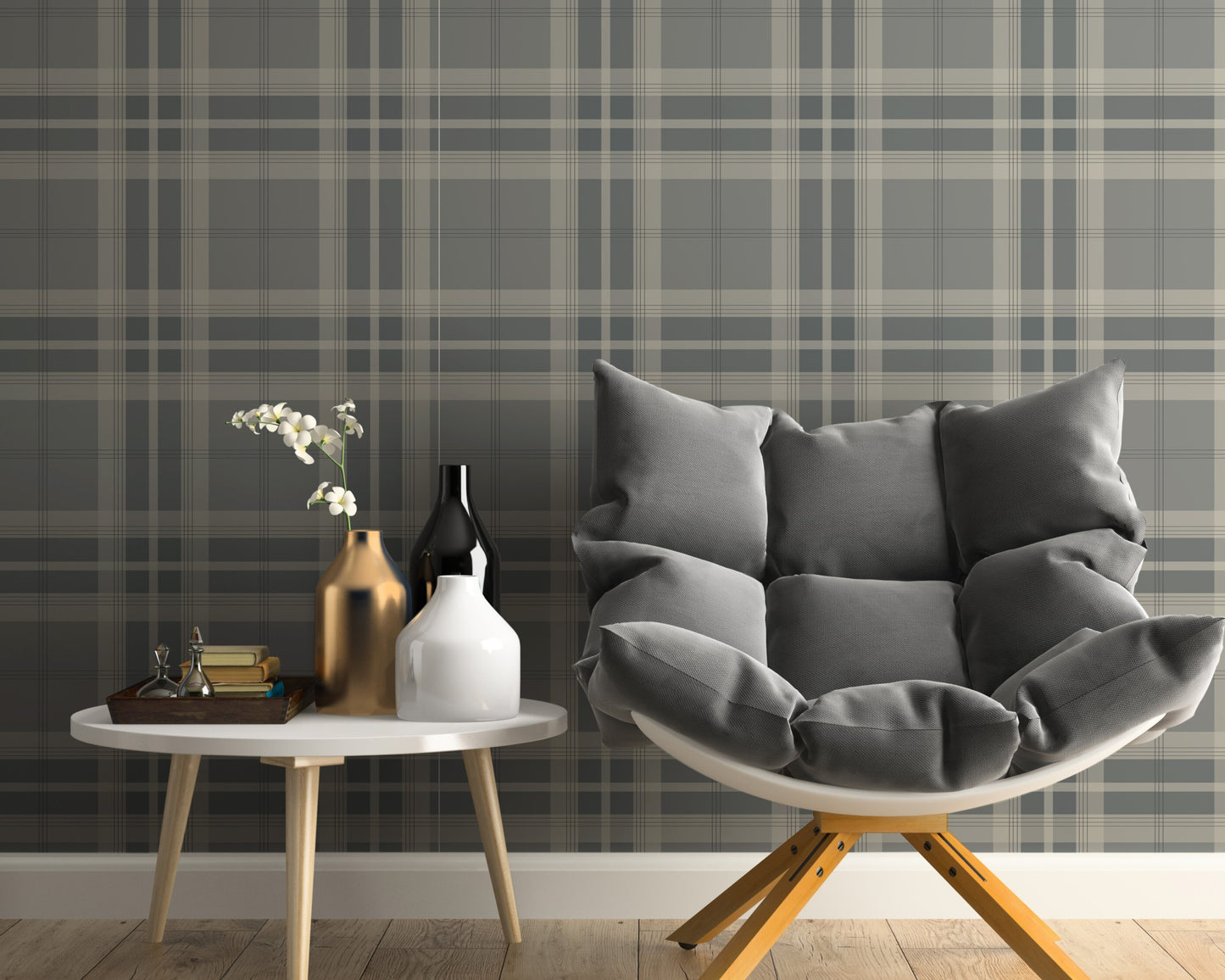 A classic interior study space features a traditional plaid wallpaper in sage green and cream tones.
The detailed textile-look design showcases an intricate grid pattern of intersecting dark green and beige lines.
In front, a large dark wood desk with three drawers is paired with a comfortable taupe office chair.
The elegant, professional setting is completed by a warm desk lamp and a vibrant green potted plant.