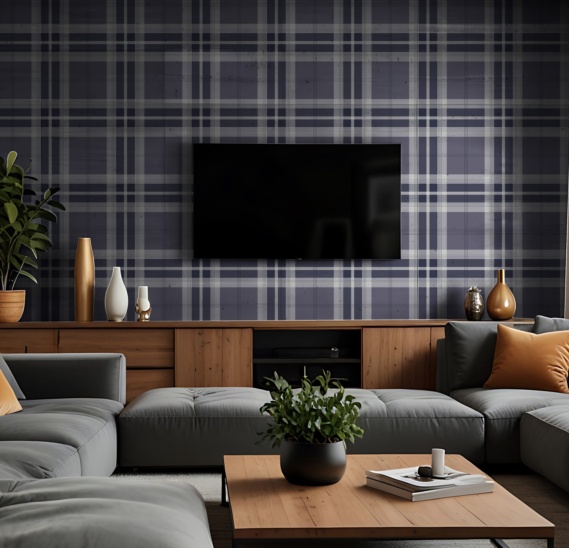 A modern living room features a classic plaid wallpaper in deep charcoal and light grey tones.
The detailed fabric-look design showcases an intricate grid pattern of intersecting lines across the wall.
In front, a unique dark grey tufted accent chair with angled wooden legs is positioned to the right.
The stylish setup is completed by a round white side table holding minimalist vases and decorative items.