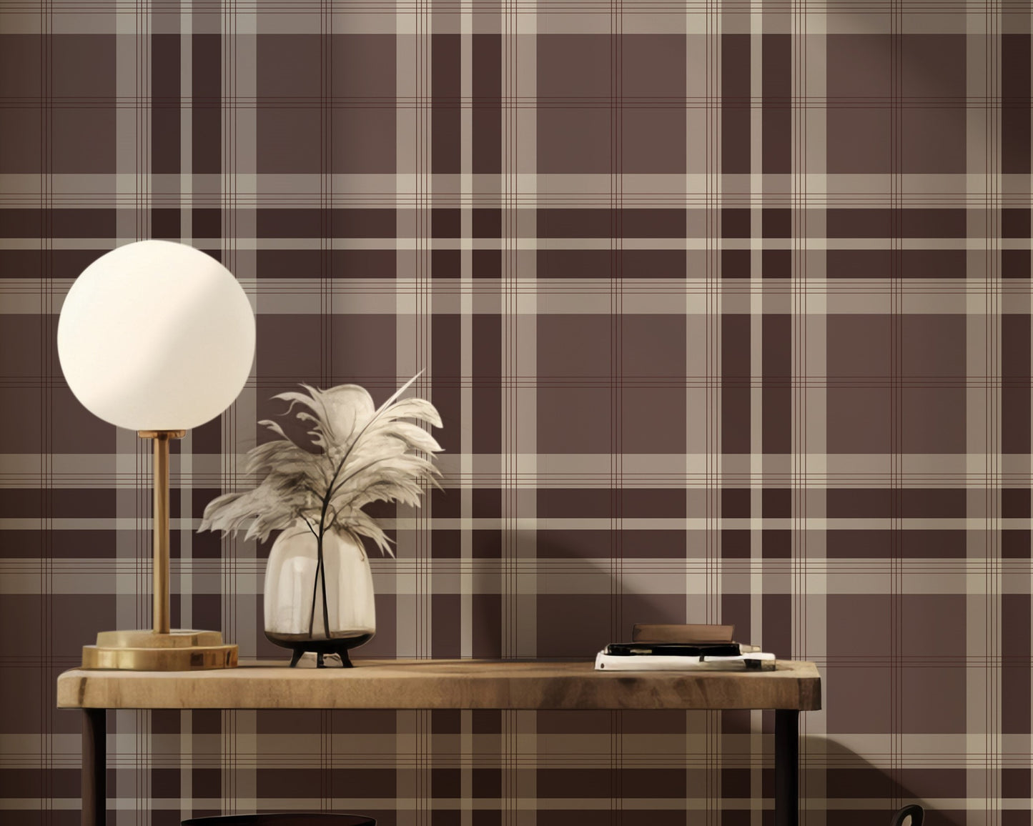 A modern dining room setup features a classic tartan plaid wallpaper in soft grey and white tones.
The textured design displays a clean grid pattern with intersecting grey lines across the wall.
In front, a dark wood dining table is paired with matching chairs with grey upholstered cushions.
The elegant room layout is beautifully completed by an open window view showing a touch of greenery.
