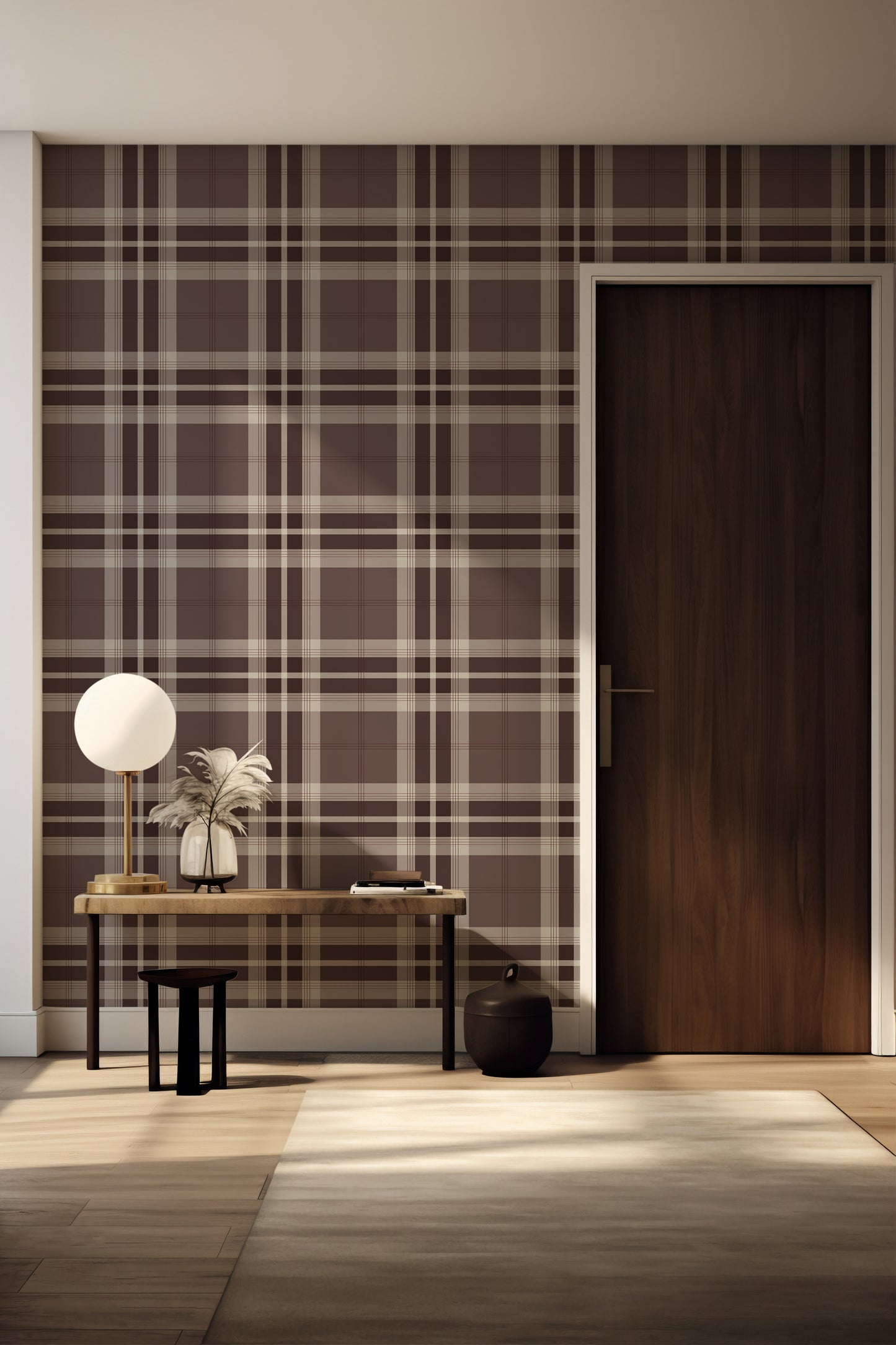 A modern dining room setup features a classic tartan plaid wallpaper in soft grey and white tones.
The textured design displays a clean grid pattern with intersecting grey lines across the wall.
In front, a dark wood dining table is paired with matching chairs with grey upholstered cushions.
The elegant room layout is beautifully completed by an open window view showing a touch of greenery.
