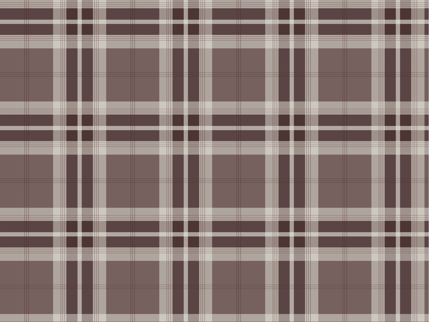 A modern dining room setup features a classic tartan plaid wallpaper in soft grey and white tones.
The textured design displays a clean grid pattern with intersecting grey lines across the wall.
In front, a dark wood dining table is paired with matching chairs with grey upholstered cushions.
The elegant room layout is beautifully completed by an open window view showing a touch of greenery.