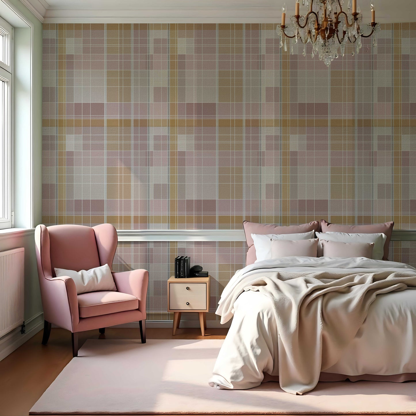 A modern bedroom features a textured plaid wallpaper in rosewood blush and warm beige tones.
The fabric-look design displays a detailed grid pattern with intersecting soft pink, cream, and tan lines.
In front, a fully dressed bed with cream linens sits next to a classic pink wingback accent chair.
The elegant, cozy space is completed by a small wooden nightstand and a soft pink area rug.