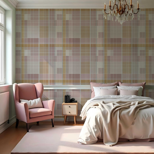 A modern bedroom features a textured plaid wallpaper in rosewood blush and warm beige tones.
The fabric-look design displays a detailed grid pattern with intersecting soft pink, cream, and tan lines.
In front, a fully dressed bed with cream linens sits next to a classic pink wingback accent chair.
The elegant, cozy space is completed by a small wooden nightstand and a soft pink area rug.