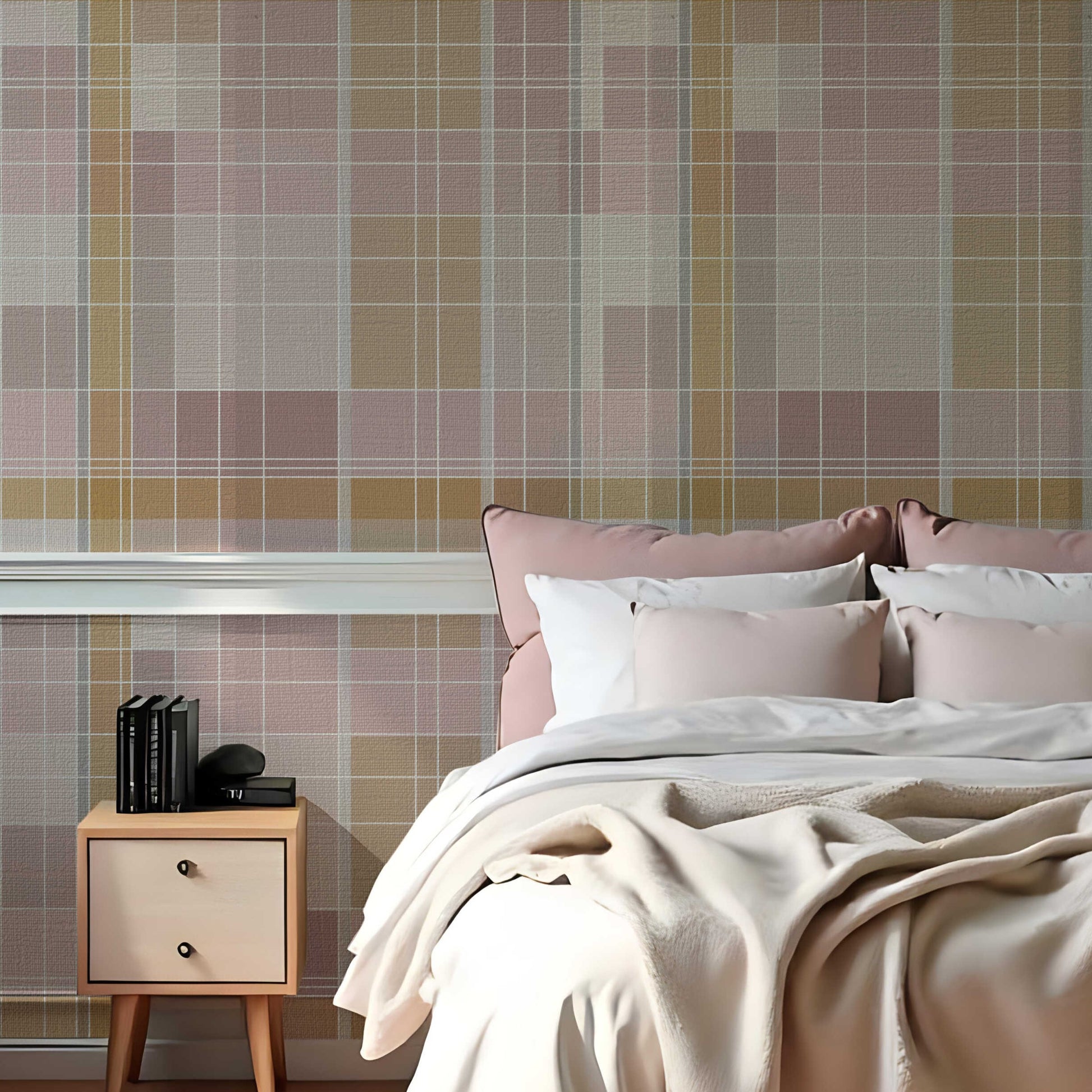A modern bedroom features a textured plaid wallpaper in rosewood blush and warm beige tones.
The fabric-look design displays a detailed grid pattern with intersecting soft pink, cream, and tan lines.
In front, a fully dressed bed with cream linens sits next to a classic pink wingback accent chair.
The elegant, cozy space is completed by a small wooden nightstand and a soft pink area rug.