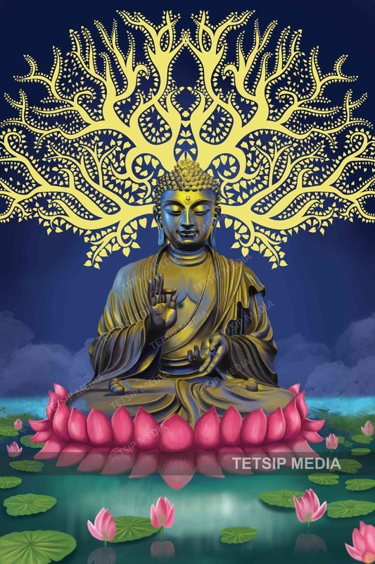 98_DA 3D Buddha In Meditation Wallpaper, blue and gold