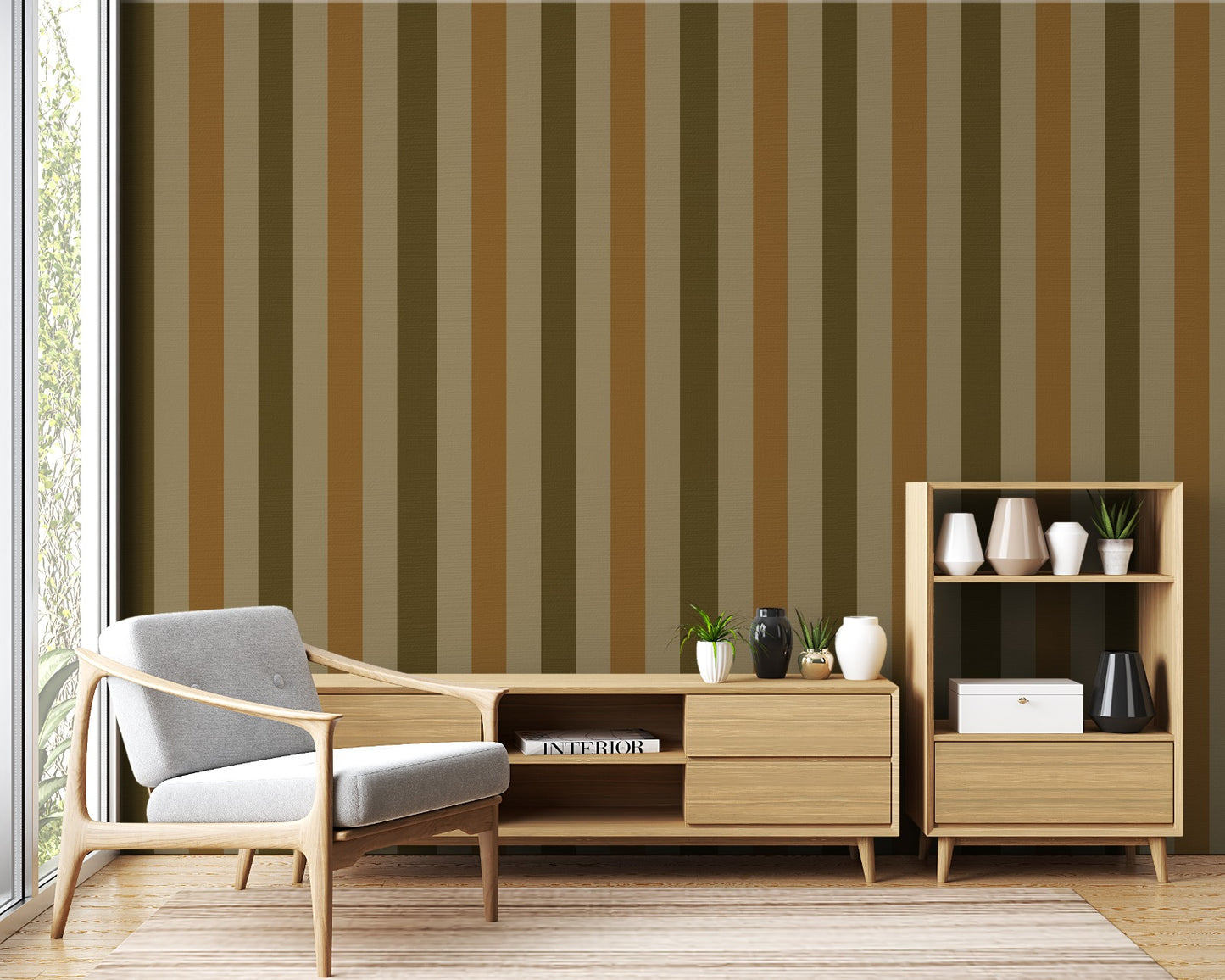 A minimal bedroom features a textured plaid wallpaper in soft off-white and charcoal grey tones.
The subtle fabric-look pattern displays a clean grid with intersecting light and dark grey lines.
In front, a bed with clean white linens is paired with a low wooden side table.
The neutral, bright interior space creates a calm, simple, and comfortable atmosphere.