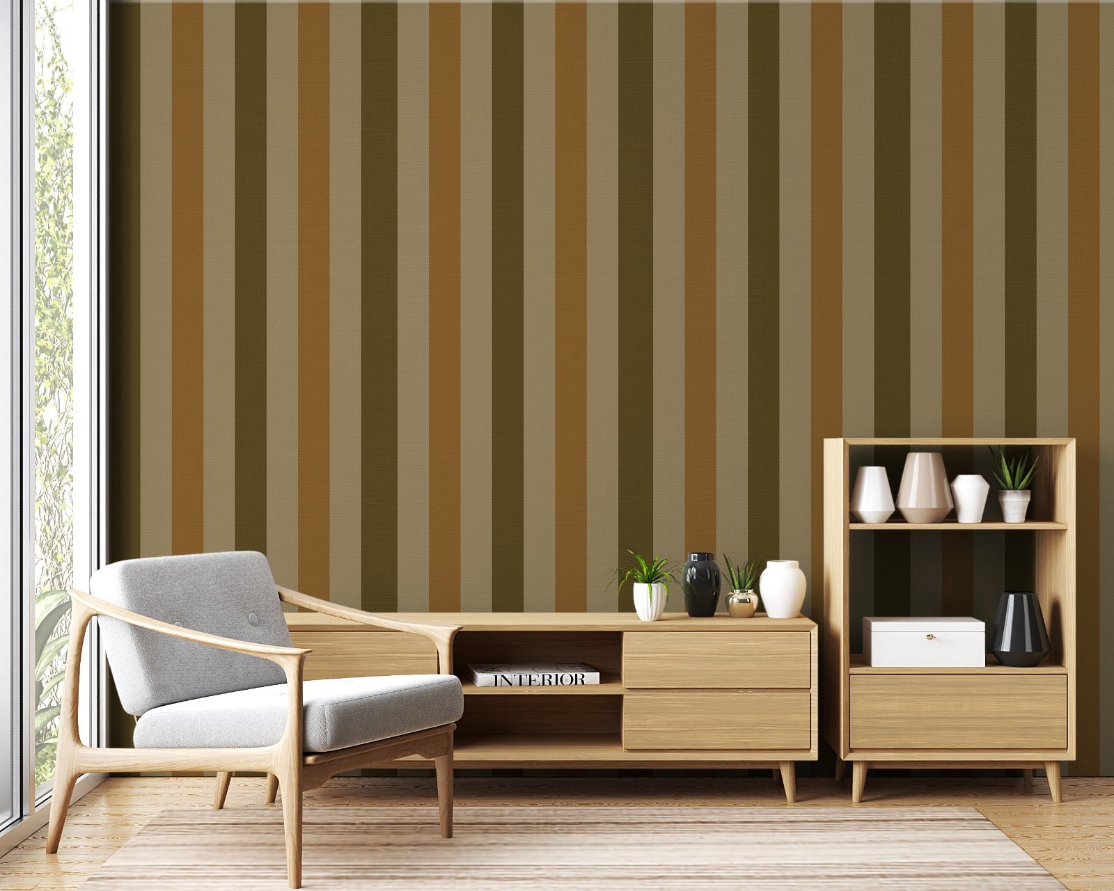 A minimal bedroom features a textured plaid wallpaper in soft off-white and charcoal grey tones.
The subtle fabric-look pattern displays a clean grid with intersecting light and dark grey lines.
In front, a bed with clean white linens is paired with a low wooden side table.
The neutral, bright interior space creates a calm, simple, and comfortable atmosphere.