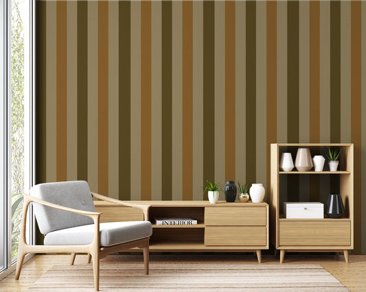 A minimal bedroom features a textured plaid wallpaper in soft off-white and charcoal grey tones.
The subtle fabric-look pattern displays a clean grid with intersecting light and dark grey lines.
In front, a bed with clean white linens is paired with a low wooden side table.
The neutral, bright interior space creates a calm, simple, and comfortable atmosphere.