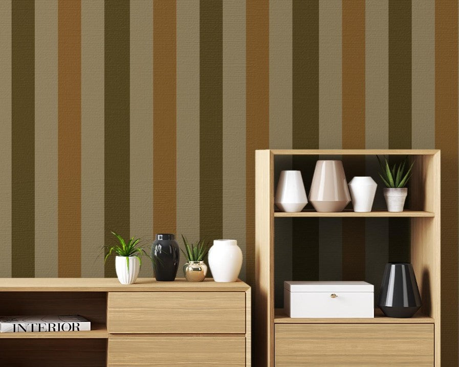 A minimal bedroom features a textured plaid wallpaper in soft off-white and charcoal grey tones.
The subtle fabric-look pattern displays a clean grid with intersecting light and dark grey lines.
In front, a bed with clean white linens is paired with a low wooden side table.
The neutral, bright interior space creates a calm, simple, and comfortable atmosphere.