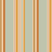 A child's playroom features a muted olive green wallpaper with warm colored stripes.
The detailed pattern shows vertical bands of orange, yellow, and cream running down the wall.
In front, a white giraffe-themed dresser stands next to a dark rocking chair and pouf.
The playful space is neatly arranged with children's toys and a round world map rug.
