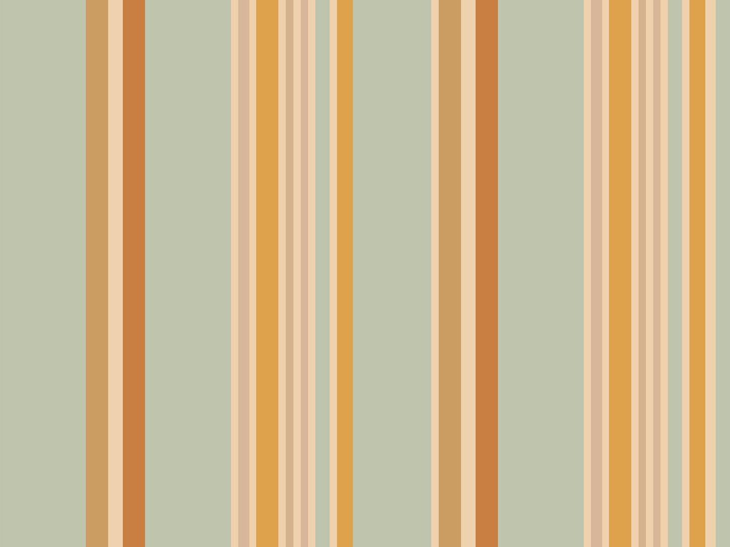 A child's playroom features a muted olive green wallpaper with warm colored stripes.
The detailed pattern shows vertical bands of orange, yellow, and cream running down the wall.
In front, a white giraffe-themed dresser stands next to a dark rocking chair and pouf.
The playful space is neatly arranged with children's toys and a round world map rug.