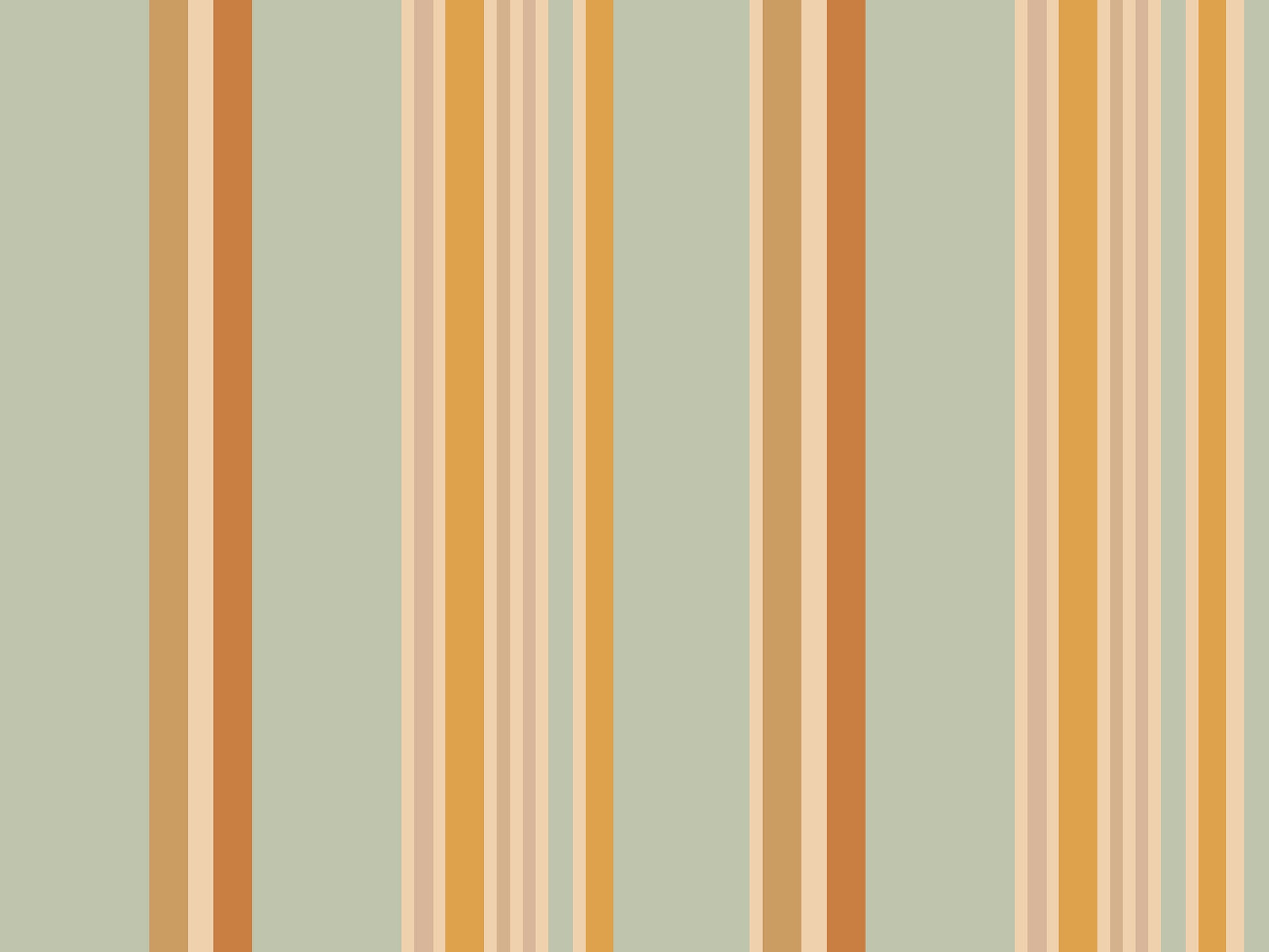 A child's playroom features a muted olive green wallpaper with warm colored stripes.
The detailed pattern shows vertical bands of orange, yellow, and cream running down the wall.
In front, a white giraffe-themed dresser stands next to a dark rocking chair and pouf.
The playful space is neatly arranged with children's toys and a round world map rug.