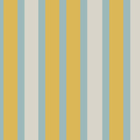 A lively room setup features a vintage oasis yellow and blue striped wallpaper.
The detailed design shows alternating vertical bands of golden yellow, muted teal, and beige.
In front, leafy green potted plants sit neatly on small wooden plant stands.
To the right, a rustic wooden bookshelf on wheels holds books and decorative items.