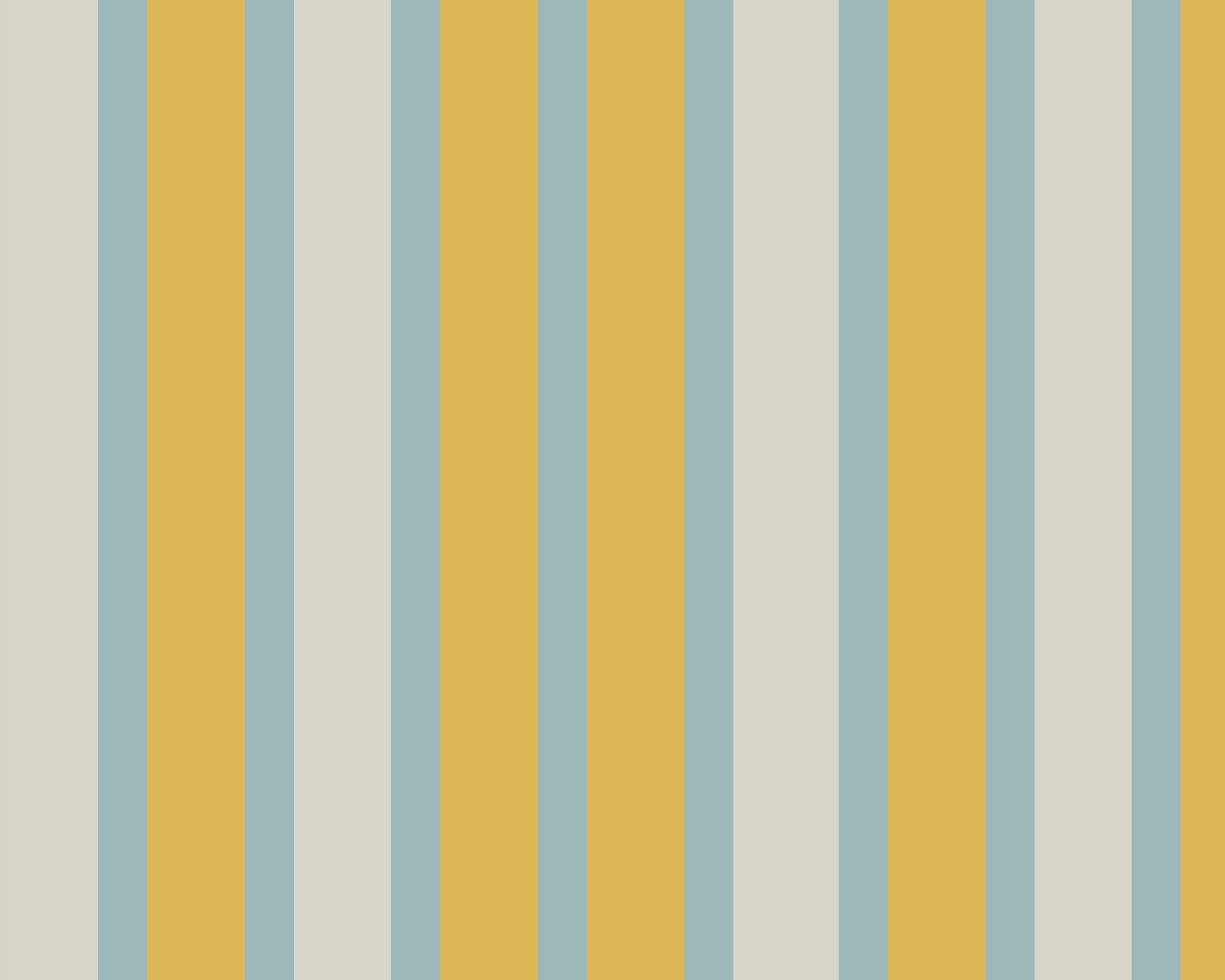 A lively room setup features a vintage oasis yellow and blue striped wallpaper.
The detailed design shows alternating vertical bands of golden yellow, muted teal, and beige.
In front, leafy green potted plants sit neatly on small wooden plant stands.
To the right, a rustic wooden bookshelf on wheels holds books and decorative items.