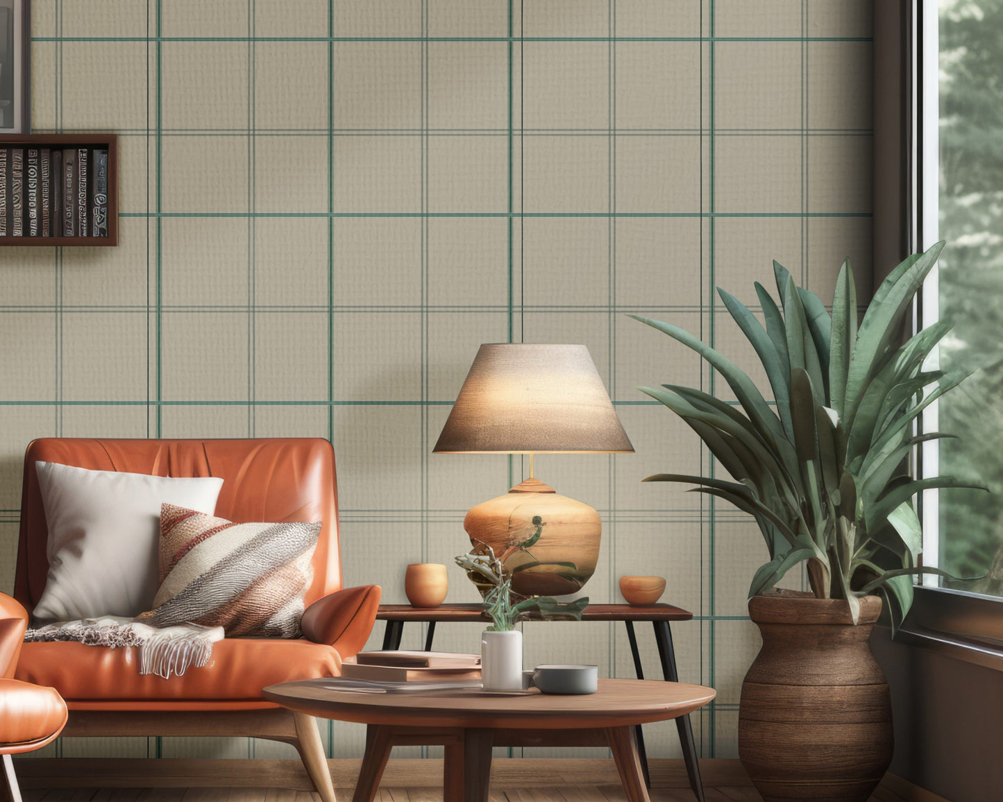 A collection of premium wallpaper rolls features a heritage weave plaid pattern in warm earth tones.
The detailed texture showcases an intricate grid of intersecting orange, beige, and brown lines.
Multiple rolls are neatly bundled together, showing the cross-section of the tightly rolled paper.
The display emphasizes the high-quality fabric texture and classic aesthetic of the wallpaper design.