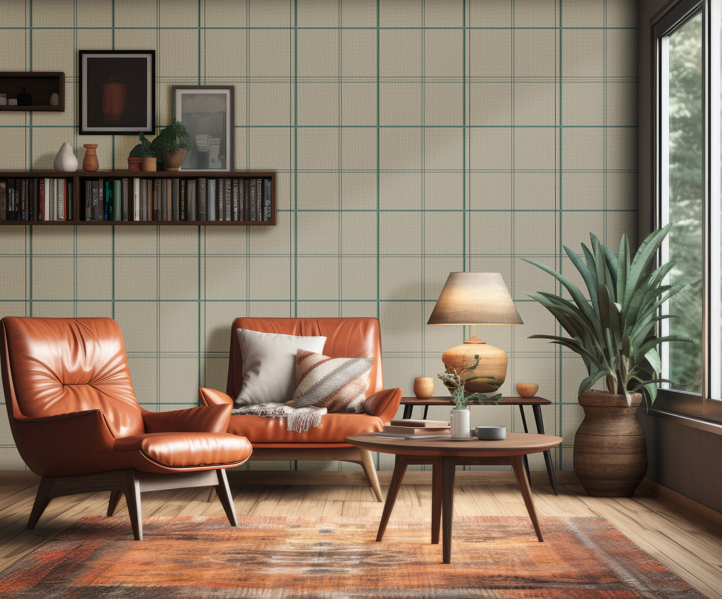 A collection of premium wallpaper rolls features a heritage weave plaid pattern in warm earth tones.
The detailed texture showcases an intricate grid of intersecting orange, beige, and brown lines.
Multiple rolls are neatly bundled together, showing the cross-section of the tightly rolled paper.
The display emphasizes the high-quality fabric texture and classic aesthetic of the wallpaper design.