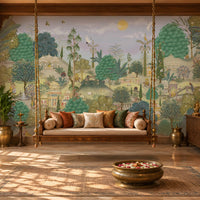 Aangan Bagh Mural – Antique Terracotta featuring a grand Indian heritage garden with ornate pavilions, lush greenery, birds, and intricate botanical details in antique terracotta, muted green, and earthy tones.