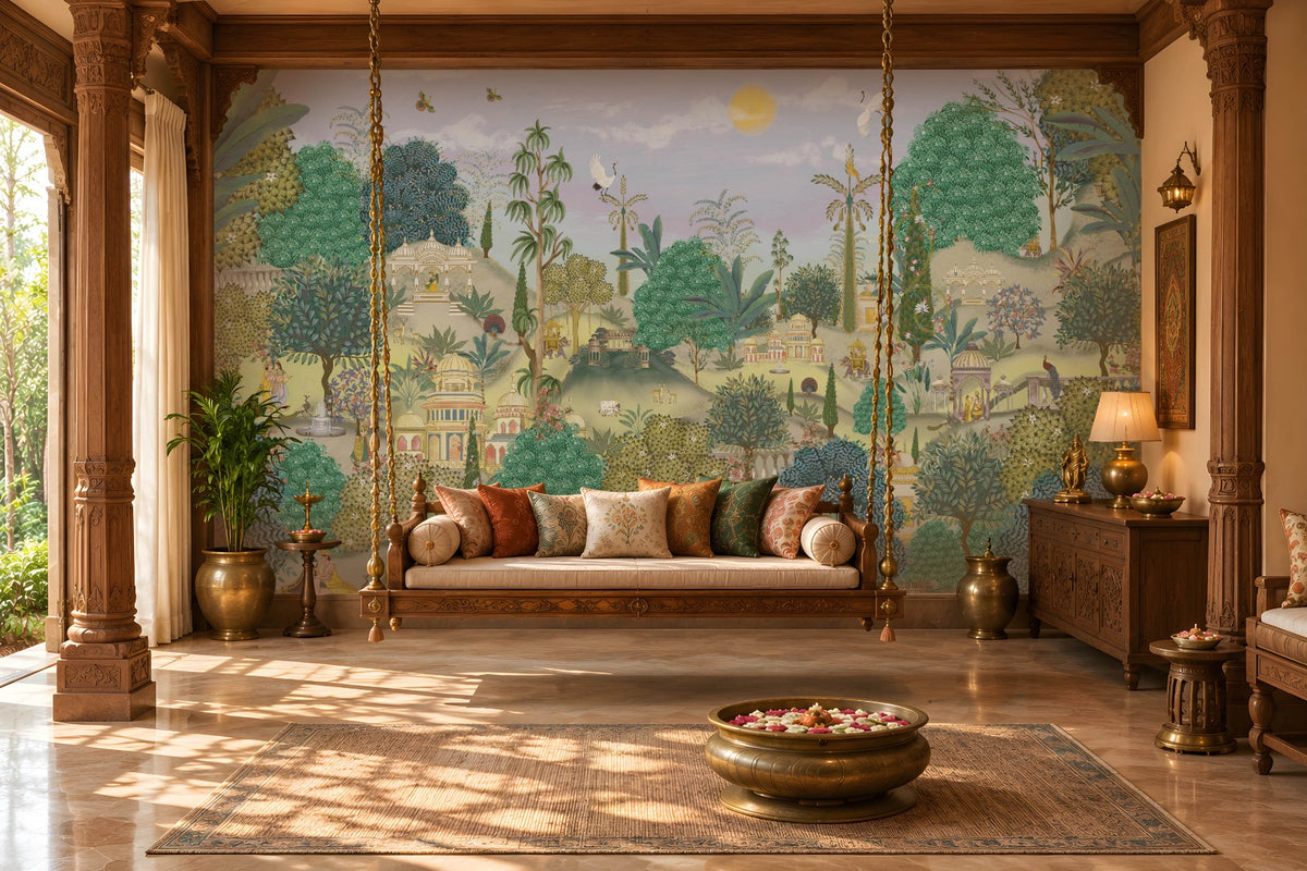 Aangan Bagh Mural – Antique Terracotta featuring a grand Indian heritage garden with ornate pavilions, lush greenery, birds, and intricate botanical details in antique terracotta, muted green, and earthy tones.