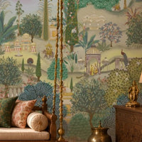Aangan Bagh Mural – Antique Terracotta featuring a grand Indian heritage garden with ornate pavilions, lush greenery, birds, and intricate botanical details in antique terracotta, muted green, and earthy tones.
