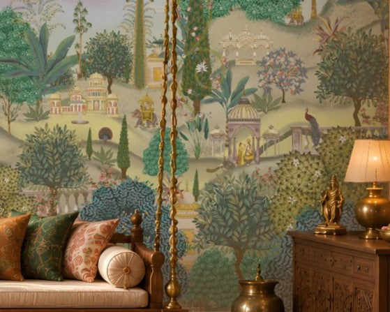 Aangan Bagh Mural – Antique Terracotta featuring a grand Indian heritage garden with ornate pavilions, lush greenery, birds, and intricate botanical details in antique terracotta, muted green, and earthy tones.
