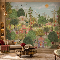 Aangan Bagh Mural – Botanical Green featuring a lush Indian heritage garden with ornate pavilions, tropical foliage, birds, and intricate botanical details in rich green and earthy tones.