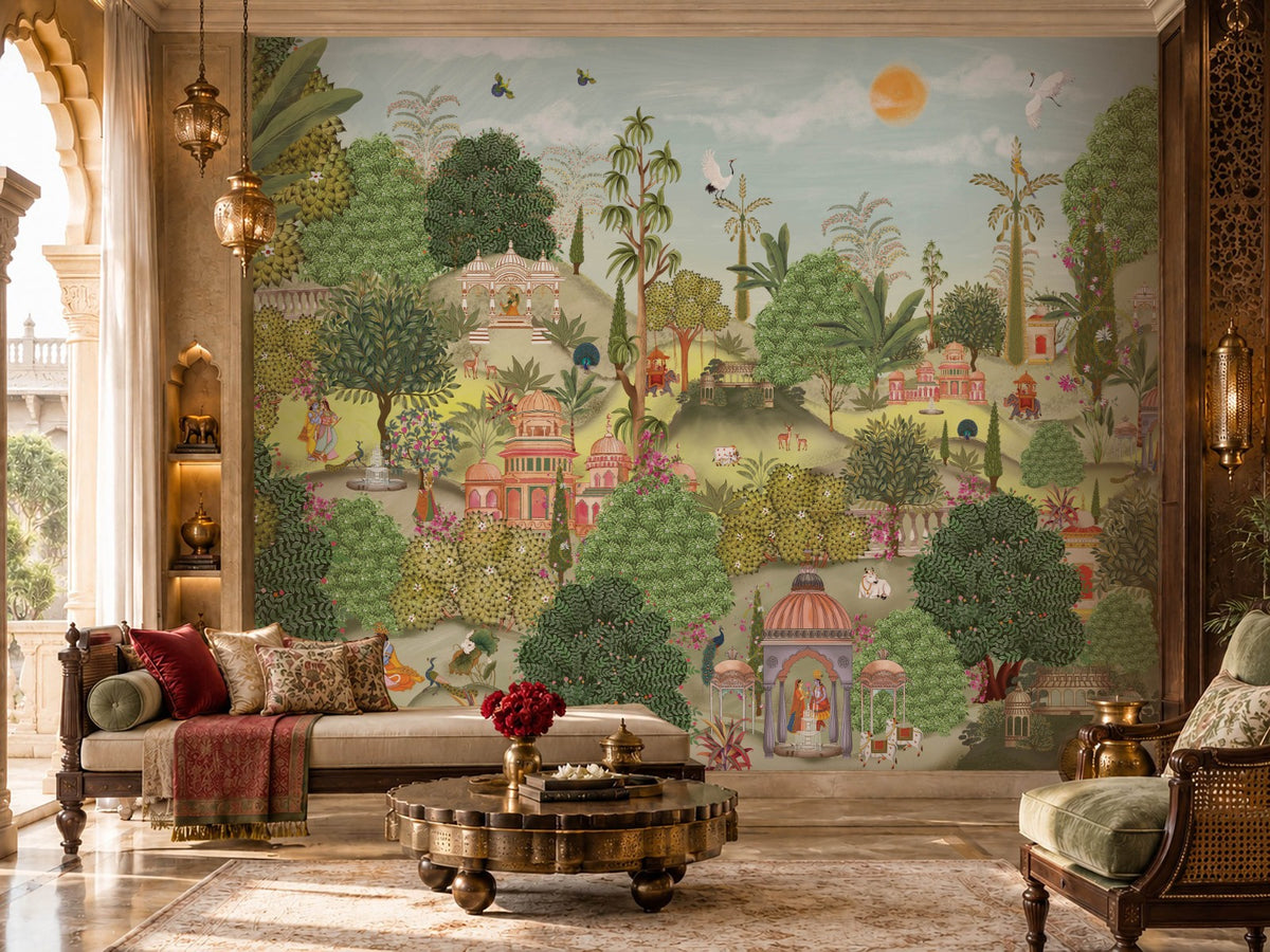 Aangan Bagh Mural – Botanical Green featuring a lush Indian heritage garden with ornate pavilions, tropical foliage, birds, and intricate botanical details in rich green and earthy tones.