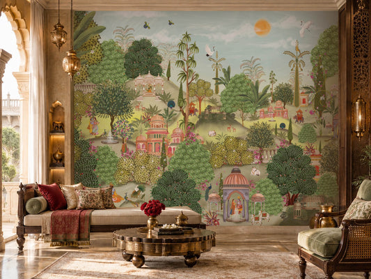 Aangan Bagh Mural – Botanical Green featuring a lush Indian heritage garden with ornate pavilions, tropical foliage, birds, and intricate botanical details in rich green and earthy tones.