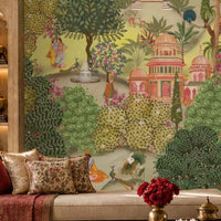 Aangan Bagh Mural – Botanical Green featuring a lush Indian heritage garden with ornate pavilions, tropical foliage, birds, and intricate botanical details in rich green and earthy tones.
