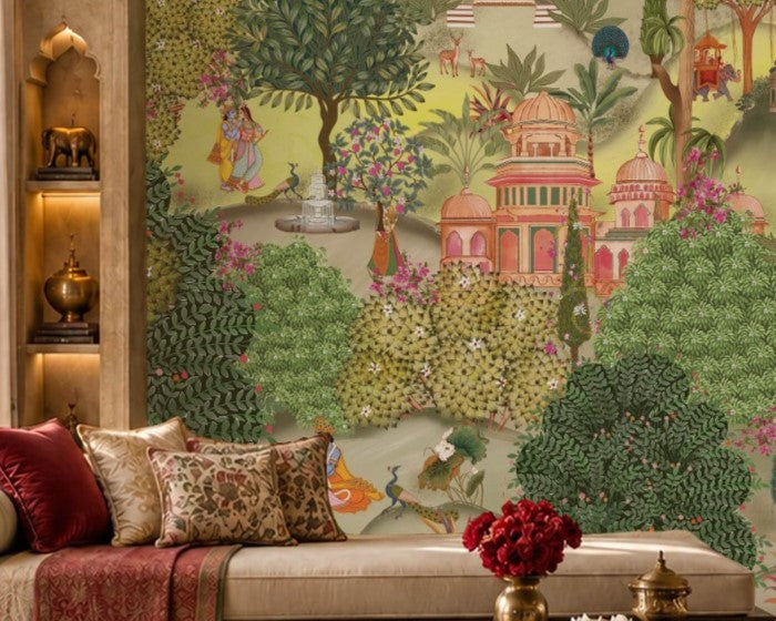 Aangan Bagh Mural – Botanical Green featuring a lush Indian heritage garden with ornate pavilions, tropical foliage, birds, and intricate botanical details in rich green and earthy tones.
