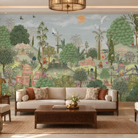 Aangan Bagh Mural – Hazel Blue featuring a lush Indian heritage garden with ornate pavilions, tropical foliage, birds, and intricate botanical details in soft hazel green and muted blue tones.