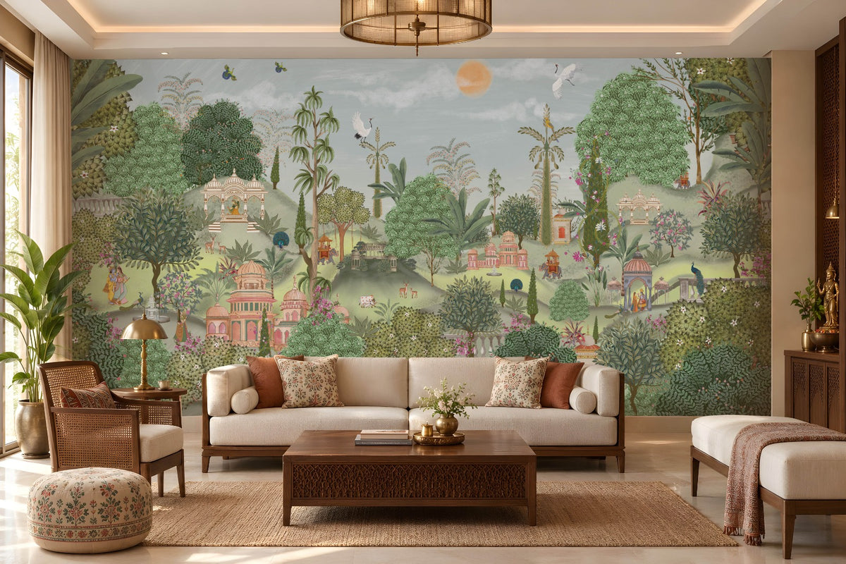 Aangan Bagh Mural – Hazel Blue featuring a lush Indian heritage garden with ornate pavilions, tropical foliage, birds, and intricate botanical details in soft hazel green and muted blue tones.