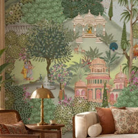 Aangan Bagh Mural – Hazel Blue featuring a lush Indian heritage garden with ornate pavilions, tropical foliage, birds, and intricate botanical details in soft hazel green and muted blue tones.