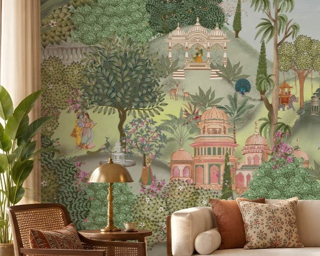 Aangan Bagh Mural – Hazel Blue featuring a lush Indian heritage garden with ornate pavilions, tropical foliage, birds, and intricate botanical details in soft hazel green and muted blue tones.