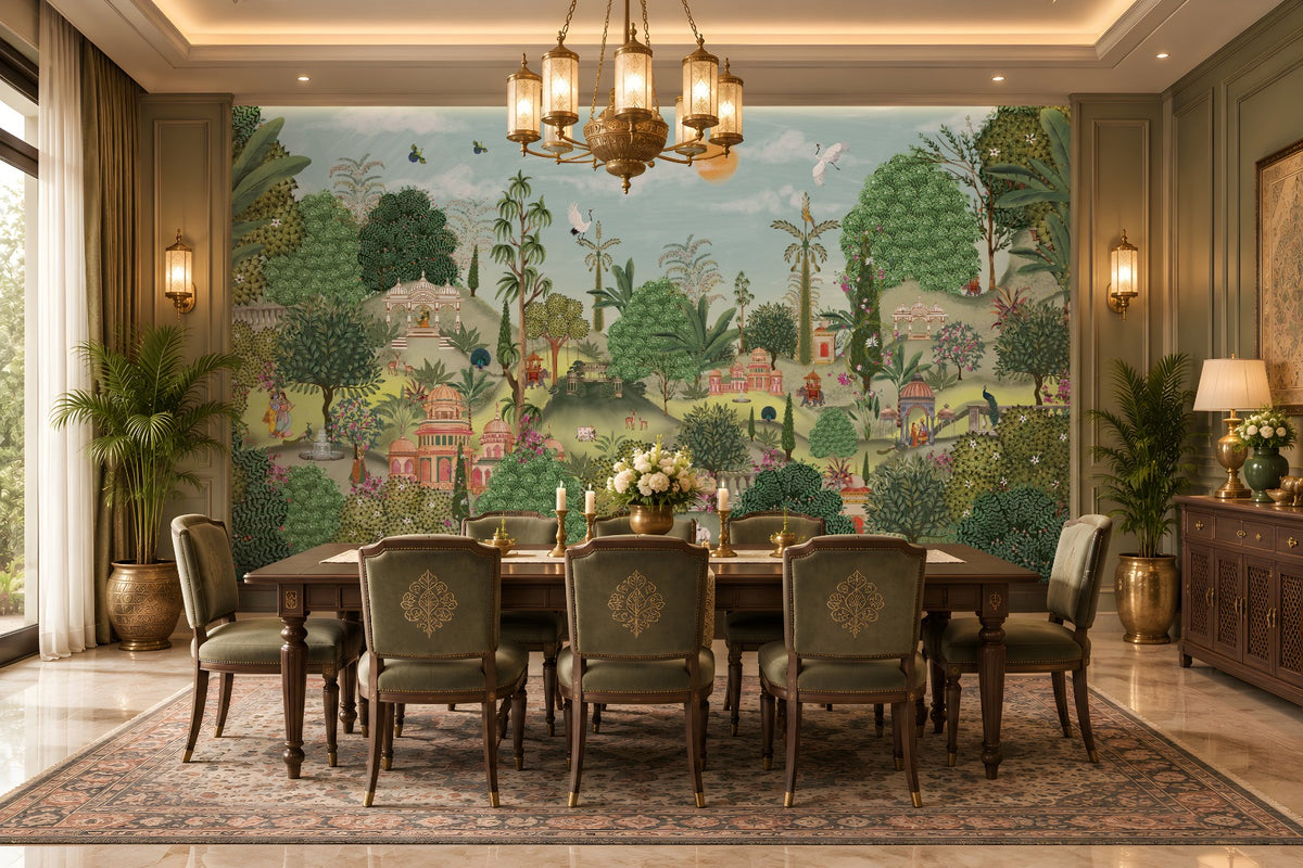 Aangan Bagh Mural – Hazel Blue featuring a lush Indian heritage garden with ornate pavilions, tropical foliage, birds, and intricate botanical details in soft hazel green and muted blue tones.
