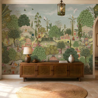 Aangan Bagh Mural – Muted Olive featuring a serene Indian heritage garden with lush greenery, ornate pavilions, birds, and intricate botanical details in muted olive and earthy tones.
