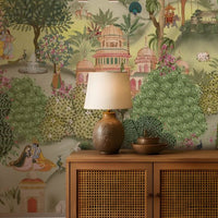 **Alt Text:** Aangan Bagh Mural – Muted Olive featuring a serene Indian heritage garden with lush greenery, ornate pavilions, birds, and intricate botanical details in muted olive and earthy tones.

