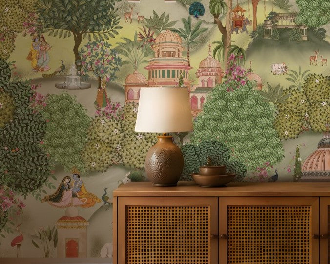 **Alt Text:** Aangan Bagh Mural – Muted Olive featuring a serene Indian heritage garden with lush greenery, ornate pavilions, birds, and intricate botanical details in muted olive and earthy tones.

