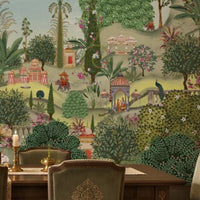 Aangan Bagh Mural – Sage Green featuring a lush Indian heritage garden with ornate pavilions, tropical foliage, birds, and intricate botanical details in soothing sage green and earthy tones.
