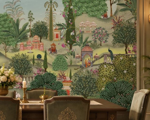  Aangan Bagh Mural – Sage Green featuring a lush Indian heritage garden with ornate pavilions, tropical foliage, birds, and intricate botanical details in soothing sage green and earthy tones.

