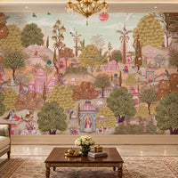 Aangan Bagh Mural – Vintage Ochre Beige featuring an elegant Indian heritage garden with ornate pavilions, lush botanical foliage, traditional figures, and intricate details in warm ochre beige and earthy tones.
