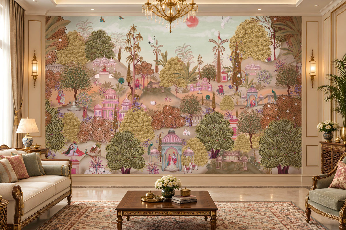 Aangan Bagh Mural – Vintage Ochre Beige featuring an elegant Indian heritage garden with ornate pavilions, lush botanical foliage, traditional figures, and intricate details in warm ochre beige and earthy tones.
