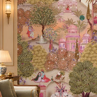 Aangan Bagh Mural – Vintage Ochre Beige featuring an elegant Indian heritage garden with ornate pavilions, lush botanical foliage, traditional figures, and intricate details in warm ochre beige and earthy tones.
