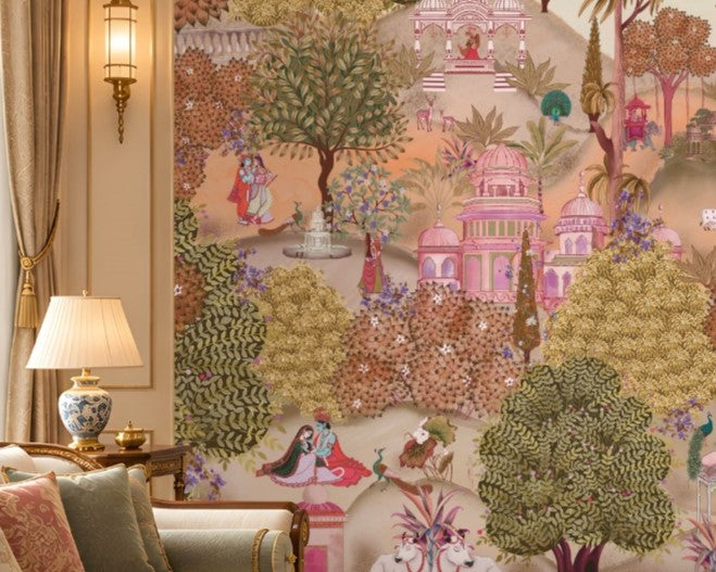 Aangan Bagh Mural – Vintage Ochre Beige featuring an elegant Indian heritage garden with ornate pavilions, lush botanical foliage, traditional figures, and intricate details in warm ochre beige and earthy tones.
