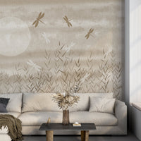 Cream white artistic botanical mural wallpaper installed as a feature wall in living room, dining room, and bedroom interiors with abstract garden design.