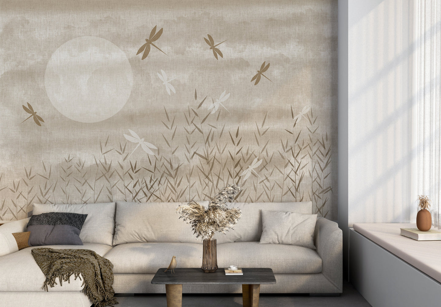 Cream white artistic botanical mural wallpaper installed as a feature wall in living room, dining room, and bedroom interiors with abstract garden design.