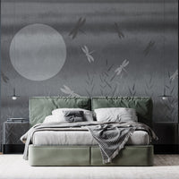 Gentle gray artistic botanical mural wallpaper installed as a feature wall in living room, dining room, and bedroom interiors with abstract garden design.