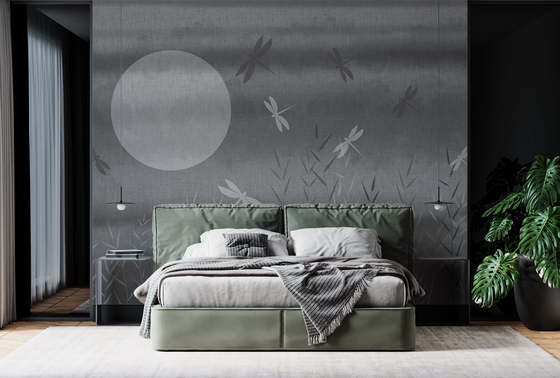 Gentle gray artistic botanical mural wallpaper installed as a feature wall in living room, dining room, and bedroom interiors with abstract garden design.