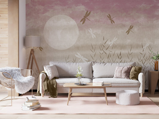 An architectural perspective of a contemporary lounge featuring the Abstract Garden Mural as a full-scale feature wall. The mural’s soft pink and tan hues pair elegantly with light gray upholstery, gold-toned furniture, and natural wood accents, creating a serene and sophisticated interior sanctuary.