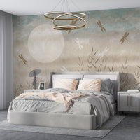 Subtle teal gray artistic botanical mural wallpaper installed as a feature wall in living room, dining room, and bedroom interiors with abstract garden design.