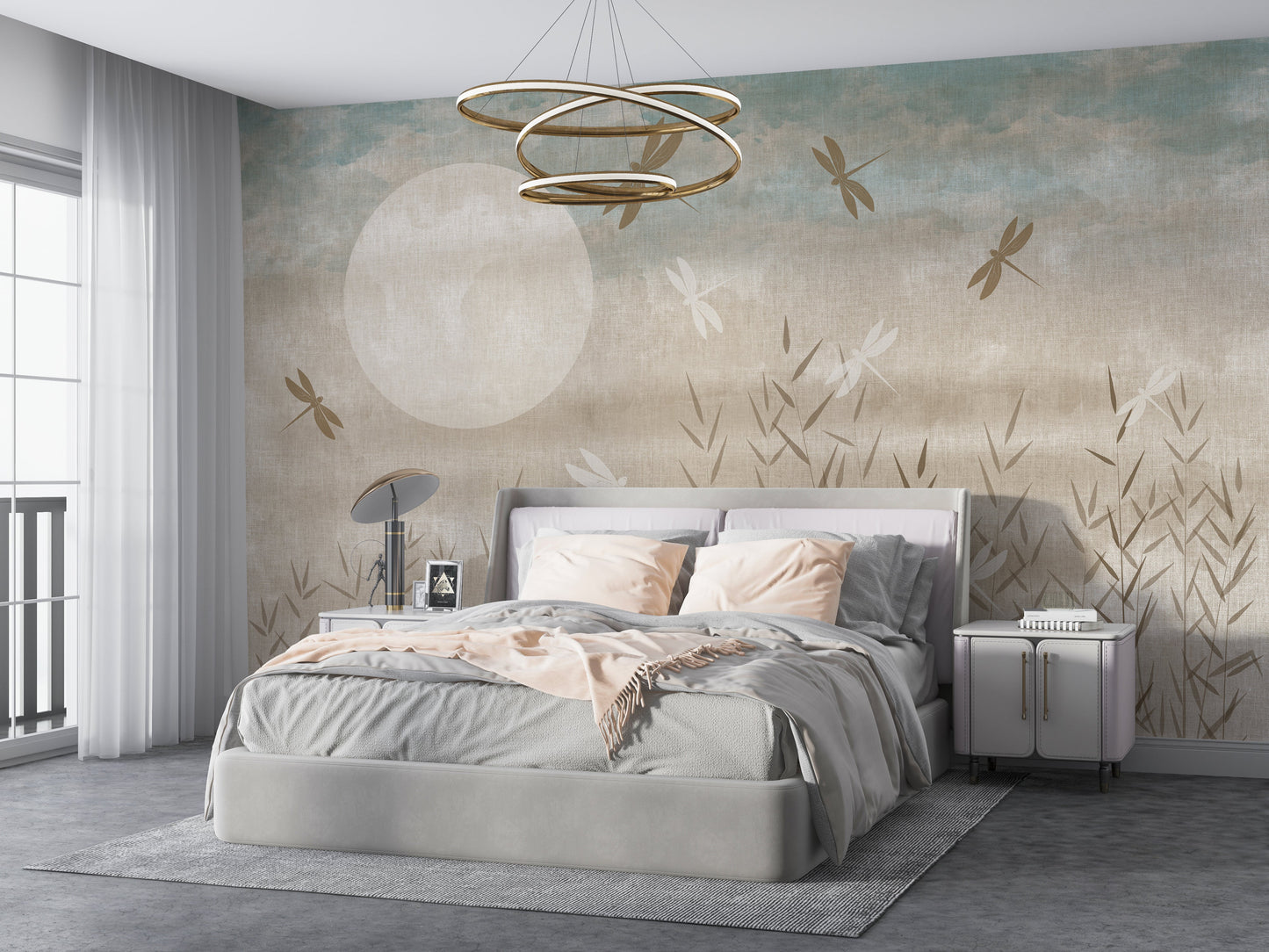 Subtle teal gray artistic botanical mural wallpaper installed as a feature wall in living room, dining room, and bedroom interiors with abstract garden design.